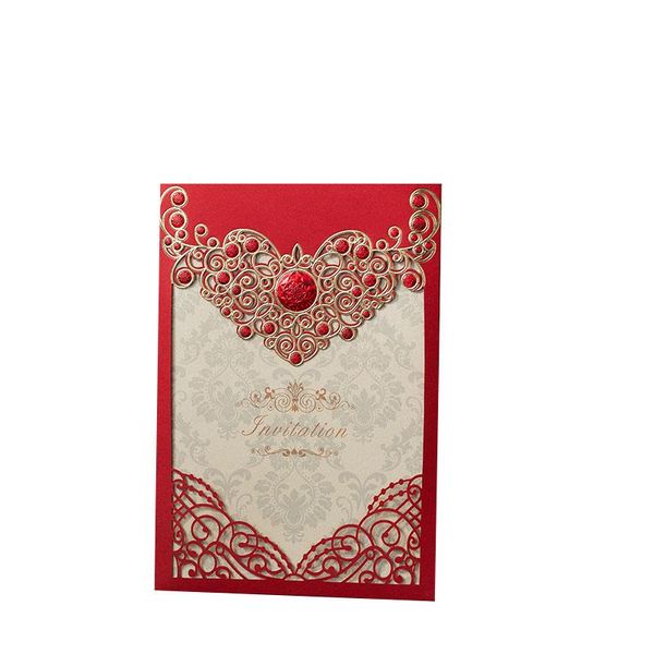 Carte d'invitations de mariage de flore de couronne découpée au laser d'or rouge Cartes de voeux Personnaliser Enveloppes Décoration de fête d'événement de mariage