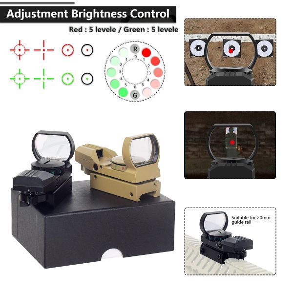 Vista refleja de alcance de la pistola de pistola de punto verde rojo, 4 reticles ajustables óptica holográfica con soporte de riel de 20 mm