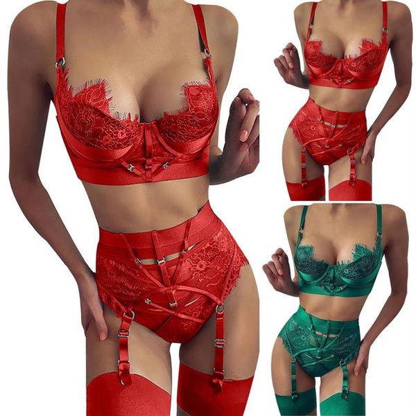 Rouge vert haute qualité dames Sexy Lingerie cils dentelle couture tentation pyjamas porno ceinture soutiens-gorge Sets246N