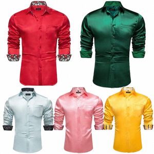 Rouge Vert Splicing Paisley Lg Chemises à manches pour hommes Designer Stretch Satin Tuxedo Chemise Prom Party Formelle Dr Hommes Vêtements T92o #