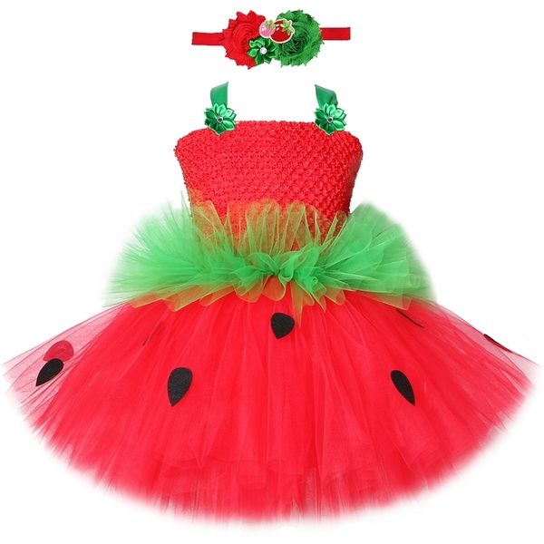 Vestidos de fresa verde rojo para niñas Vestido de tutú de princesa con diadema de flores Disfraz de niña para niños Fiesta de cumpleaños 220309