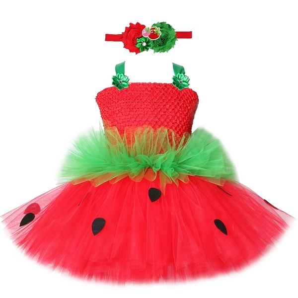 Robes de fraise verte rouge pour les filles princesse Tutu robe avec bandeau de fleurs enfants mignons enfants Costume pour la fête d'anniversaire 210331