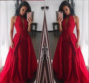Red Halter Top V-Neck-jurken Avondslijtageplooientes Laag rok 2019 Backless Elegante formele jurken Plus maat Pageant Dress Girl Feestjurk