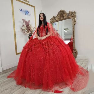 Red Handmade 3Dflowers Quinceanera Dresses Ball Gown Crystal Lace met cape Off the Shoulder Formal Party Sweet 16 jurk