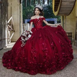 Robe De bal rouge à fleurs et perles faites à la main, robes De Quinceanera, épaules dénudées, avec des Appliques en dentelle, 15 ans, douce 16