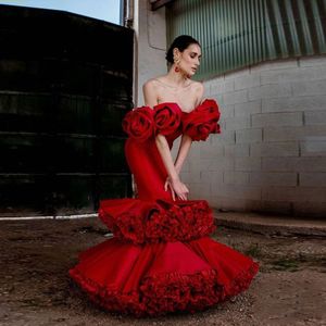 Red Handmade Rose Palace Mermaid Prom Dresses 2023 Off Shoulder Vestidos Flamenca Spaans Tiered Ruffles Evening Runway jurk