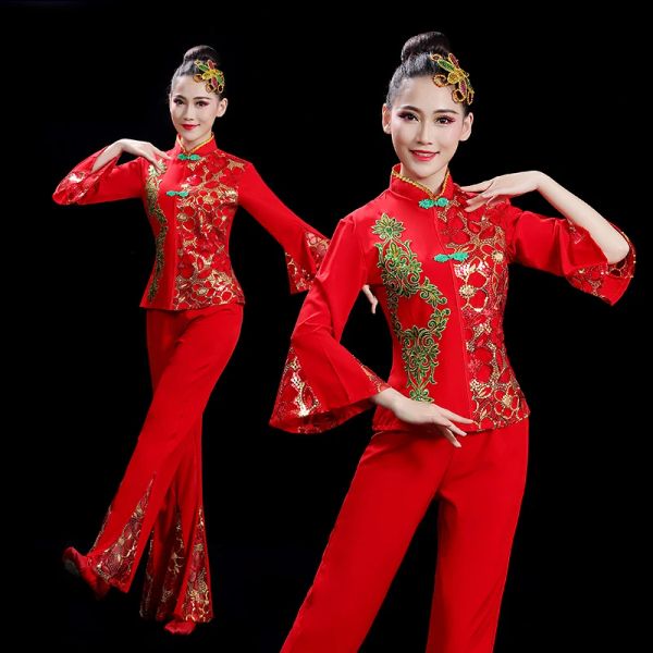 Mujeres rojo Hanfu China tradicional tradicional yangko stage ropa de baile disfraces de la cintura tambor cuadrado danza clásica hanfu