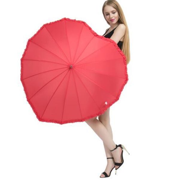 Paraguas en forma de corazón rojo Parasol romántico Paraguas de mango largo para accesorios de fotografía de boda Paraguas Regalo del día de San Valentín KKA6500