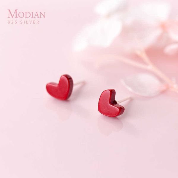 Pendientes de plata de corazón rojo para mujer 925 Sterling Fashion Tiny Earings Joyería Accesorios simples 210707