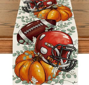 Fútbol de calabaza del casco rojo Fútbol Eucalipto Eucalipto Autumn Table Runner, Autumn Kitchen Table Decorations for Home Party Decoration