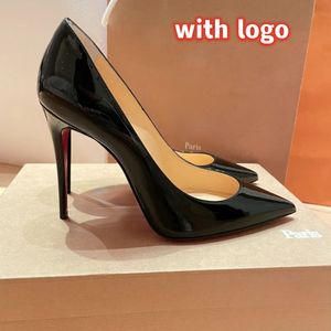 Zapatos de tacón alto rojos 8 cm 10 cm 12 cm Zapatos de tacón para mujer Suela puntiaguda brillante Cuero negro desnudo Zapatos de boda clásicos para mujer con bolsa para el polvo 34-44