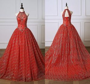 Robes de Quinceanera en tulle rouge à col haut et perles en cristal à lacets, robes de bal pour 16 filles, robe de soirée formelle longue