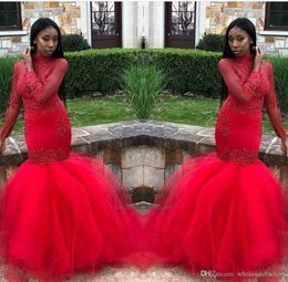 Red High Neck Sheer Long Sleeves Mermaid Prom Dresses for Black Gilrs Tulle Lace Applique Evening Gowns Formal Party Dresses robe de soiree