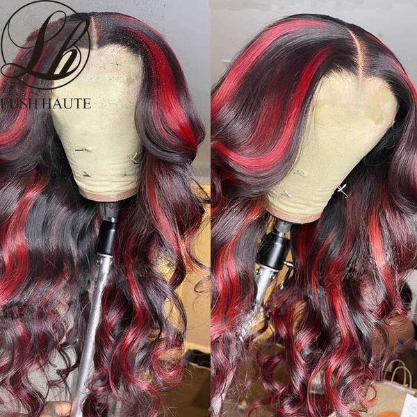 Rouge Highlight Body Wave Lace Front Perruques Synthétique Highlight Bourgogne Perruque Rouge Avec Noir Coloré Sans Colle Avec Des Cheveux De Bébé 230524