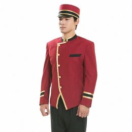 Uniforme d'hôtel rouge pour hommes, uniforme de réception pour hommes, vêtements de serveur d'hôtel de réceptionniste d'hôtel p95d #