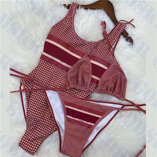 Traje de baño rojo de pata de gallo para mujer, Bikini textil con estampado clásico, traje de baño de una pieza para fiesta al aire libre, conjunto de Bikinis para mujer 304c