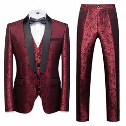 Costume en tissu Jacquard rouge 3 pièces pour hommes de mariage Dr Veste avec pantalon Gilet Bleu Sier Blanc Noir Hommes Ensembles M-6XL 7XL 48DL #