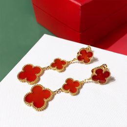 Pendientes de flor y hierba de calcedonia de Jade rojo, colgante Vintage para mujer, joyería de lujo ligera de alta calidad larga