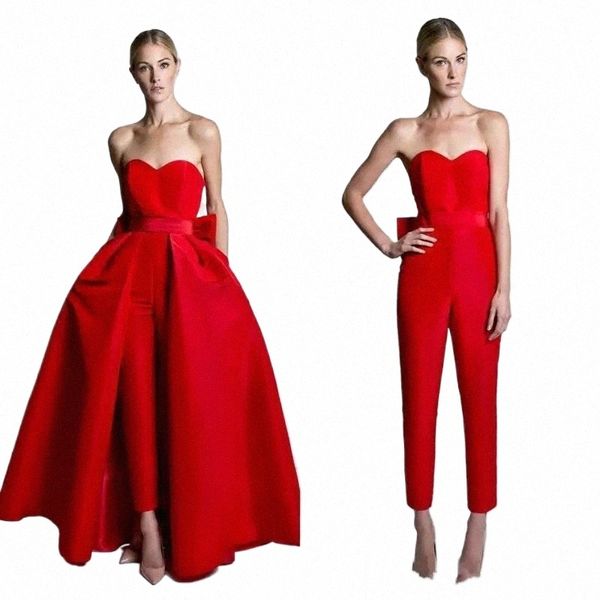 Combinaison rouge de soirée avec jupe détachable, pantalon formel, costume de bal, avec manches à nœud, 2024, 58c1 #
