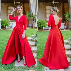 rode jumpsuit avondfeest formele gelegenheid jurken 3 4 lange mouwen prom jassen met afneembare trein vestidos242i