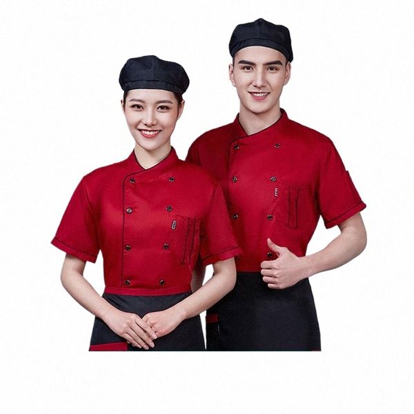 Uniforme de cuisine rouge Veste de cuisinier d'hôtel Restaurant Cook Vêtements de travail Café Cuisine pour hommes Apr Boulangerie Serveur Chapeau de cuisine r6zy #