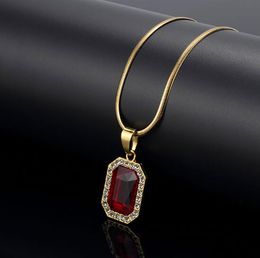 Red Lab Ruby Rectangle GEM Pendentif Bling Simulé Diamants Rubis Bijoux 18K Or Jaune Plaqué Collier Serpent Chaîne D'os