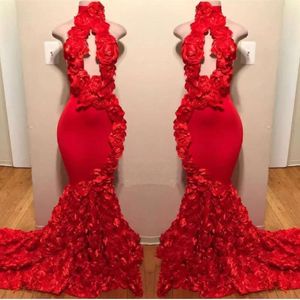 Rood Lace 2019 High Neck Mermaid Long Prom Dresses Keyhole 3d Rose Floral Applique Sweep Train Party Evening Jurken BC1038