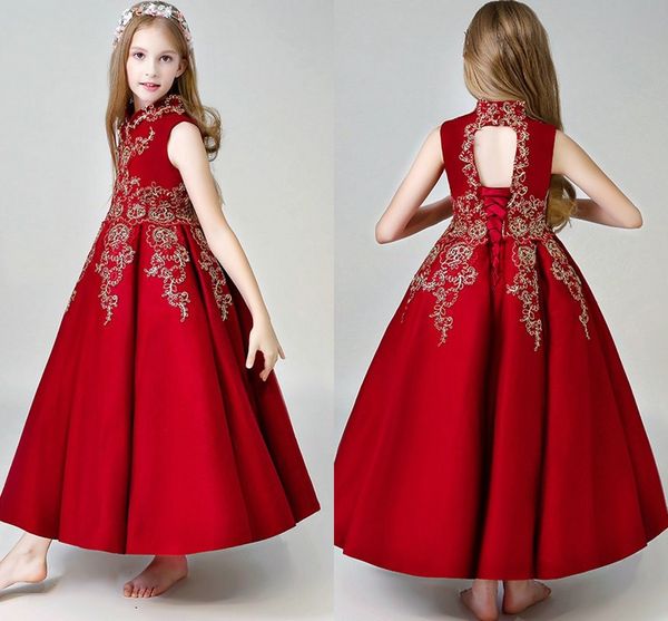 Apliques de encaje rojo Vestidos de primera comunión Satén de cuello alto Princesa Niñas Vestido de desfile Vestidos de niña de flores Vestido de fiesta para niños pequeños
