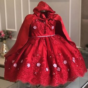 Red Lace Ball Jurk Kralen Flower Girl -jurken met cape voor bruiloft Jewel Neck Appliqued Toddler Pageant -jurken Enkle Lengte Kids Prom Dress 407