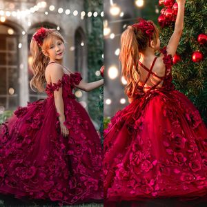 Robes de demoiselle d'honneur en dentelle rouge pour mariage, avec des appliques florales 3D, robe de bal, robes de concours, longueur au sol, robe de première communion
