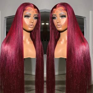 Rouge dentelle avant perruques de cheveux humains couleur droite bordeaux 13X6 Transparent dentelle frontale fermeture perruque sans colle perruques pour les femmes