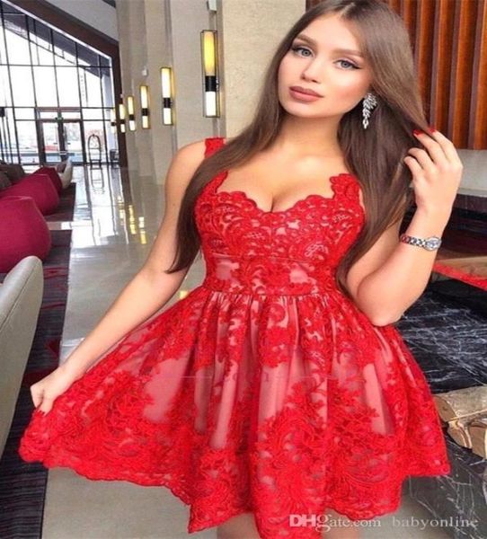 Robes de soirée en dentelle rouge 2019 nouvelle ligne A arabe bretelles Spaghetti courtes en Tulle robes de Cocktail de bal robe de soirée 1086021