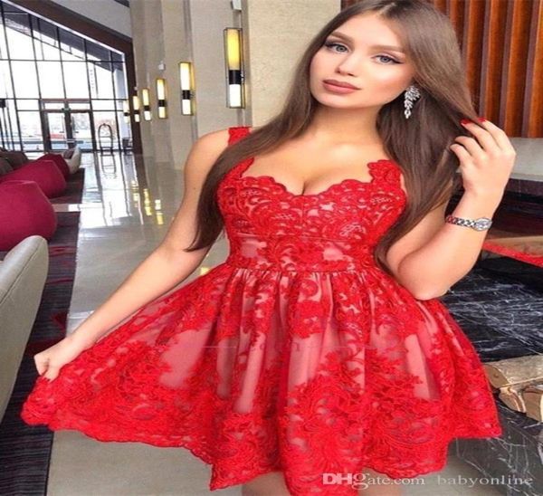 Robes de soirée en dentelle rouge 2019 nouvelle ligne A arabe bretelles Spaghetti courtes en Tulle robes de Cocktail de bal robe de soirée 9694215