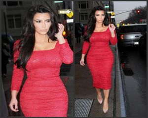 Red Lace lange mouwen avondjurken Vestidos de festa thee lengte vierkante halslijn kim kardashian jurken sexy sheath celebrity prom8093329