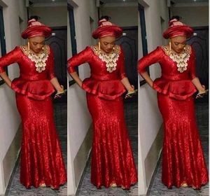 Robe de soirée en dentelle rouge du Nigeria, style sirène, manches longues, Aso Ebi, robe de bal sud-africaine, 2021