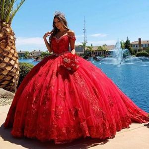 Rood Kant Uit De Schouder Quinceanera Jurken Baljurken Robe De Soiree Lace-Up Vestidos De Festia Prom Party vestidos 2024