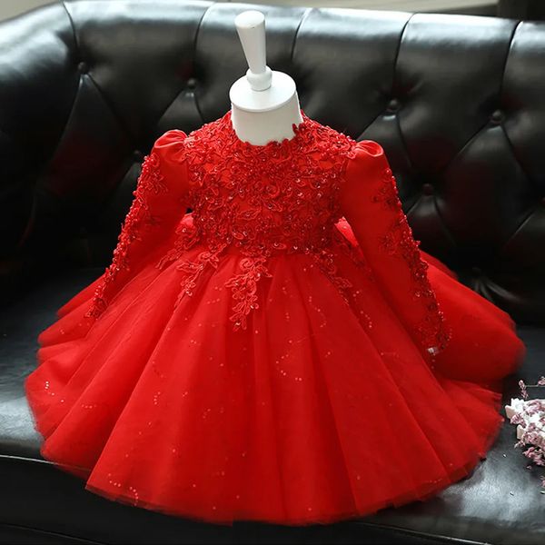 Dentelle rouge paillettes bébé fille 1 an robe d'anniversaire à manches longues né robe de baptême infantile enfant en bas âge baptême princesse robes 240307