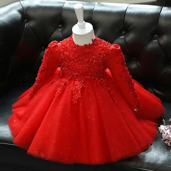 Dentelle rouge paillettes bébé fille 1 an robe d'anniversaire à manches longues né robe de baptême infantile enfant en bas âge baptême princesse robes 240319