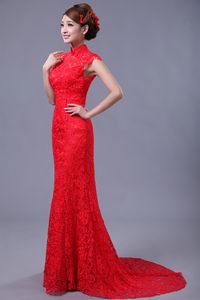 Rode kant zijde slanke Chinese jurken lange cheongsam jurk verbeterde rode hoge kraag backless bruids bruid jurken zeemeermin stijl