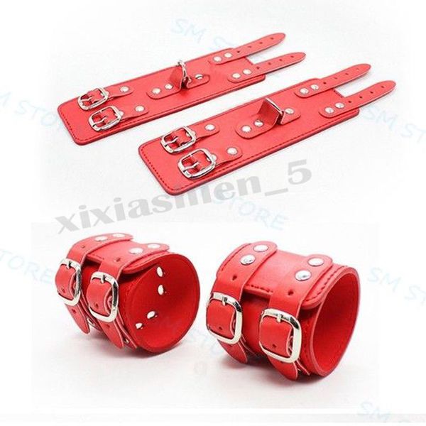 Bondage Esposas de cuero rojo Tobilleras de muñeca Brazalete Esclavo Arnés Restricciones Grillete # R87