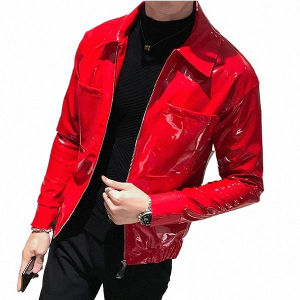 Veste en cuir rouge pour hommes 2024 Winter Fi Gothic Punk Shinny Singer Club Party Costume de danse sur scène Hommes Black Bomber Coats B3Ho #