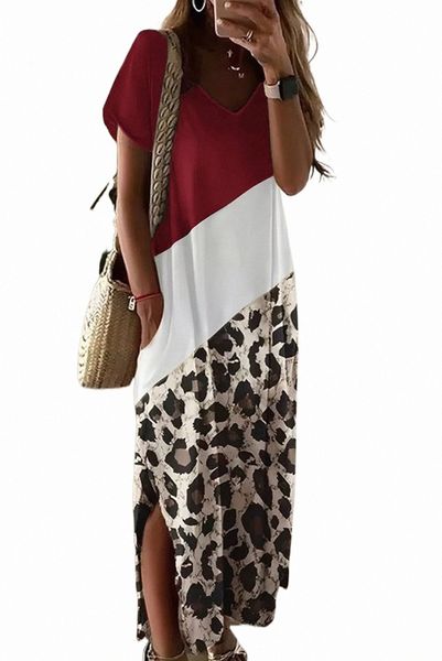 Vestido largo con camiseta con abertura lateral y bloque de color de leopardo rojo 18sl #