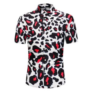 Chemises à imprimé léopard rouge pour hommes, t-shirts à manches courtes, simple boutonnage, respirant, Slim Fit, à la mode, M-2XL287U