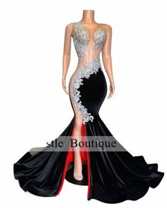 Doublure rouge Cristaux d'argent Dentelle Appliques Noir Veet Fente Bal Dr Sirène Dames Dres Pour Ocns Spéciales Sexy Party U1GB #