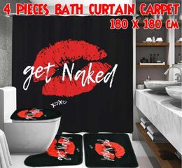 Ensemble de rideaux de salle de bain à lèvres rouges, ensemble de tapis de bain, rideaux de douche avec crochets, tapis de piédestal antidérapant noir, couverture de toilette 180x180cm6821353