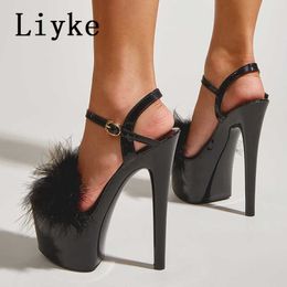 Red Liyke High Platform Sexy CM Heel Pole Dance Stripper Shoes Women Fashion Fur Fuzzy Peep Toe Buckle Strap Wedding Sandals T