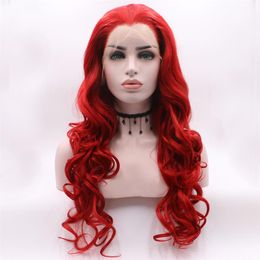 Rode Lange body wave 360 Lace Front Pruiken Lijmloze Hittebestendige synthetische kant pruik Natuurlijke Haarlijn Voor wit zwart Women273t