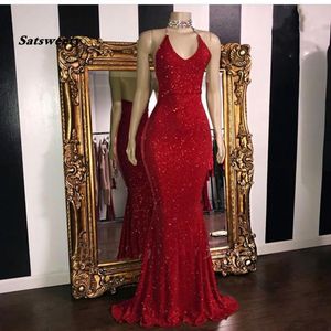 Rode lange avondjurk glitter sequin zeemeermin v-hals mouwloze arabische stijl vrouwen formele jurken prom dresses