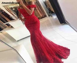Red Long Prom -jurken Mermaid van de schouder kralen Kralen Lace Backless Appliques Formele feestjurk avondjurken plus speciale occas4375983