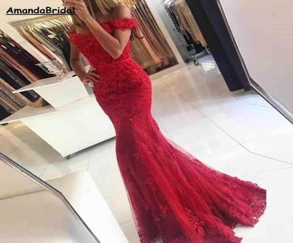 Robes de bal longs rouges sirène hors de l'épaule en dentelle perlée appliques sans robe de soirée de fête formelle et spécial occas8873400